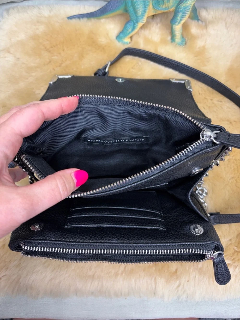 White House Black Market Black Crossbody Bag with Black Suede, Floral Embroidery